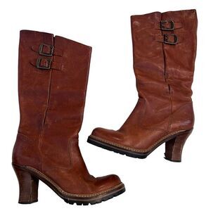 Frye Mildred Engineer Buckle Pull On Heeled Leather Boots Brown Size 8M
